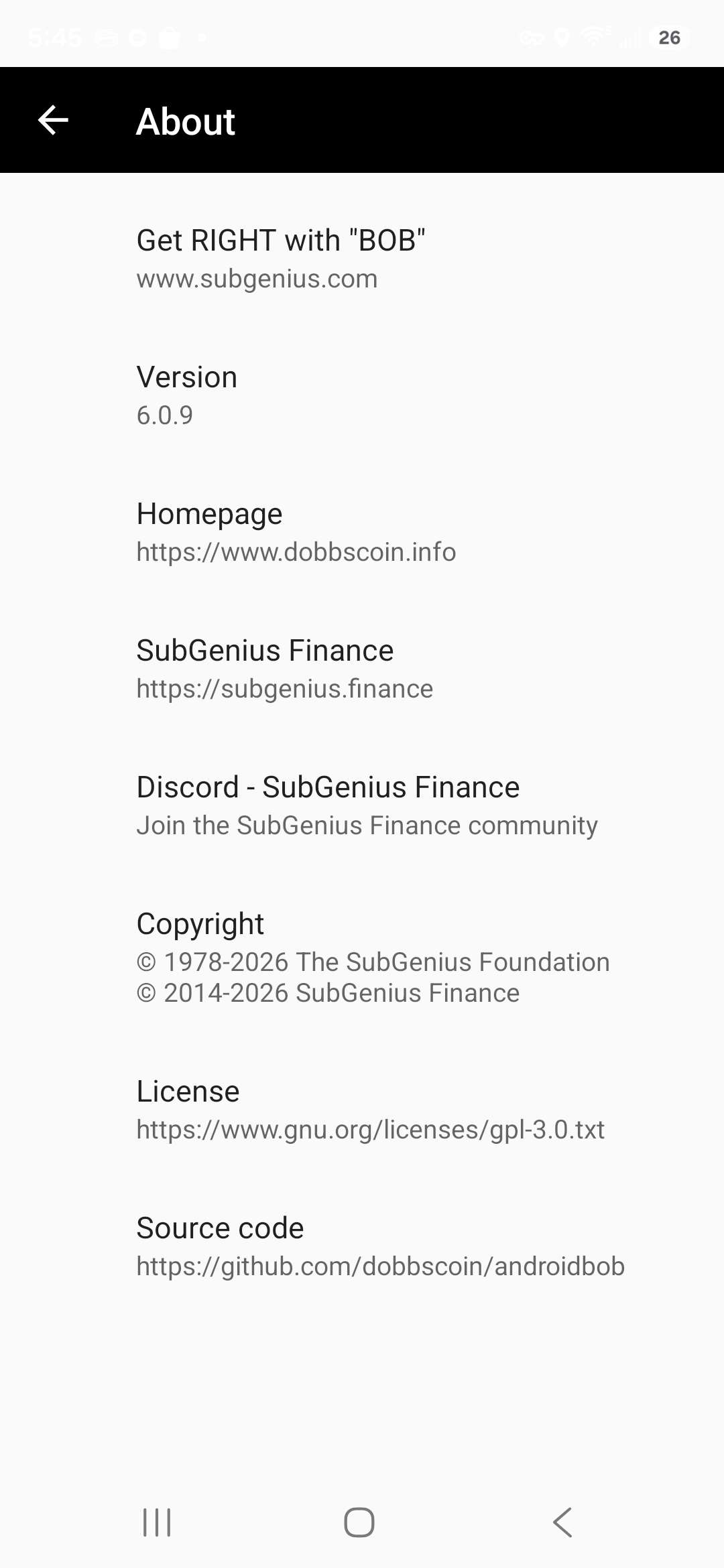 The about screen showing version and source